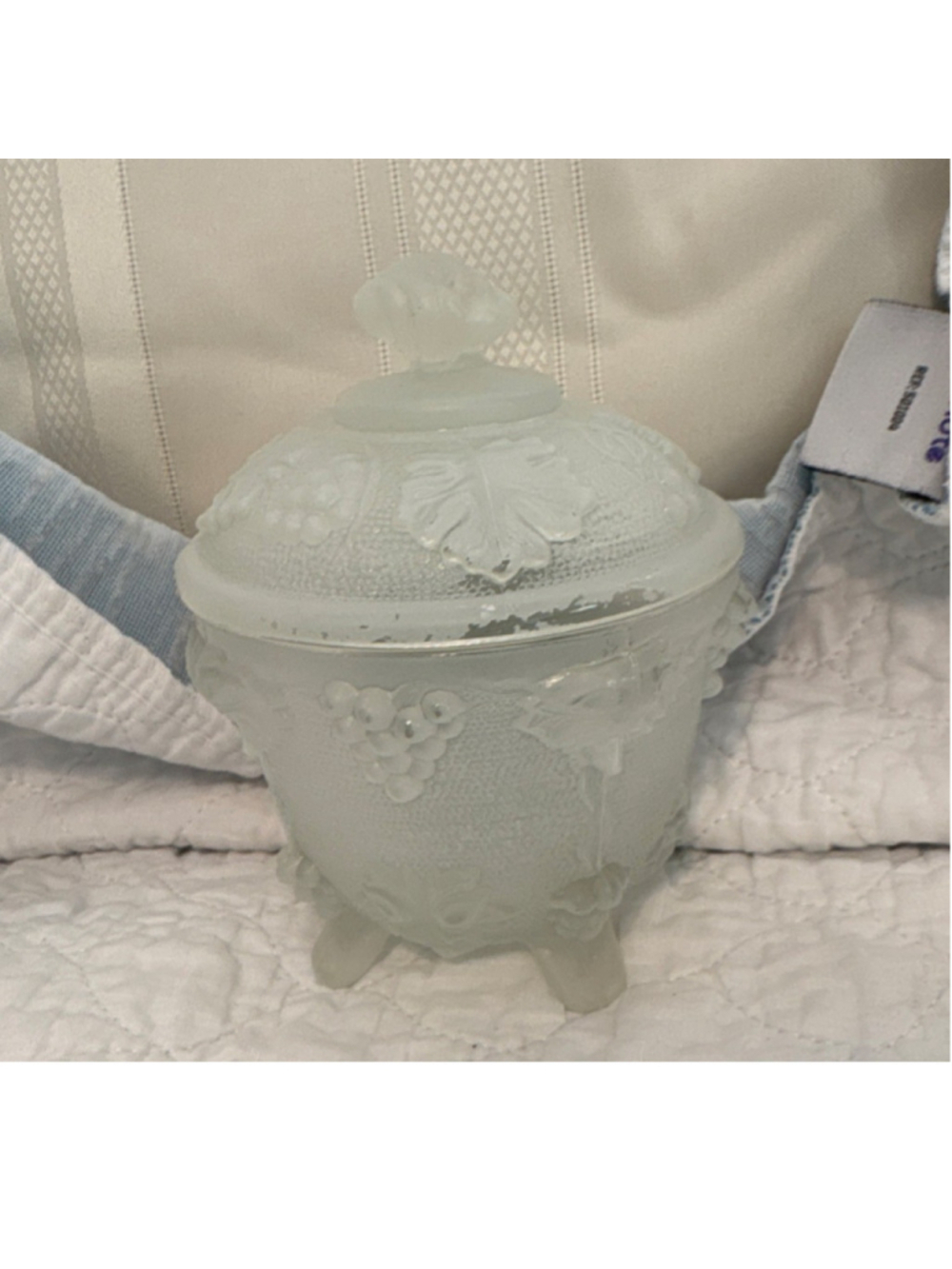 Frosted White Glass Floral Lidded Footed candy dish 7.5in x 5in x 8in